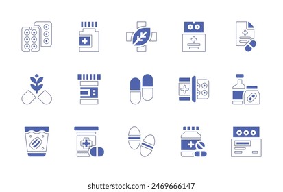 Medizin-Icon-Set. Linienstrich im Duotonstil und fett. Vektorillustration. Enthält Pille, Rezept, alternative Medizin, Medizin, Kapseln, Pillen.