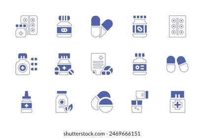 Medizin-Icon-Set. Linienstrich im Duotonstil und fett. Vektorillustration. Enthält Pillen, Arzneimittel, Rezept.