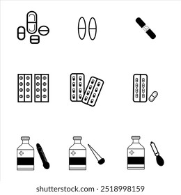 Conjunto de ícones de medicina com cápsulas, comprimidos, embalagens blister, bandagens e frascos de medicamento com conta-gotas - Projeto vetorial para usos farmacêuticos e de saúde

