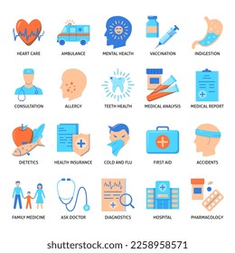 Icono de medicina establecido en forma plana. Símbolos médicos y sanitarios. Ilustración vectorial.