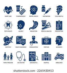 Medicine icon set in glyph style. Medical and healthcare symbols. Vector illustration.