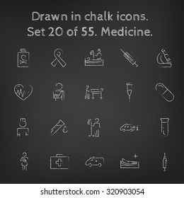 Medicine icon set hand drawn in chalk on a blackboard vector white icons on a black background.