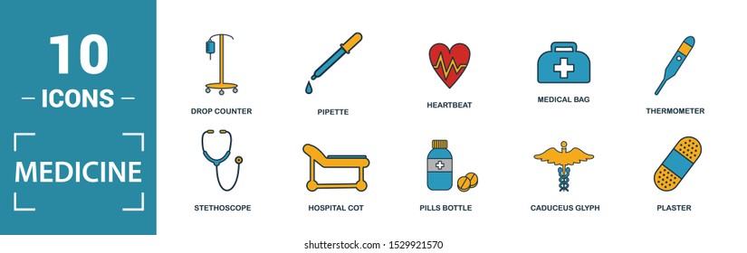 Medicine icon set. Include creative elements medical bag, pills, mixture, dna, pipette icons. Can be used for report, presentation, diagram, web design.