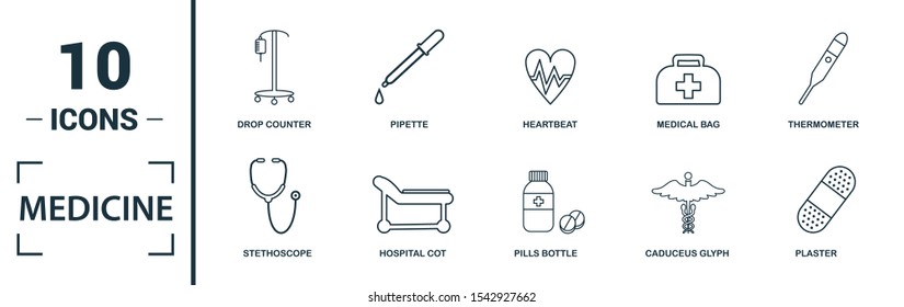 Medicine icon set. Include creative elements medical bag, pills, mixture, dna, pipette icons. Can be used for report, presentation, diagram, web design.