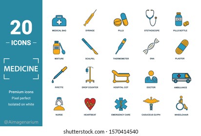 Medicine icon set. Include creative elements medical bag, pills, mixture, dna, pipette icons. Can be used for report, presentation, diagram, web design.