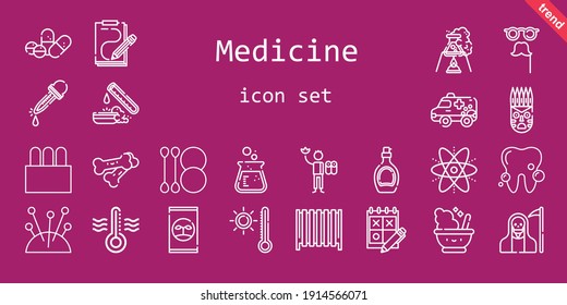 medicine icon set. line icon style. medicine related icons such as needles, pills, test tube, death, mortar, syrup, ambulance, eyedropper, fertilizer, trial, cotton swab, tampon, radiator, bones