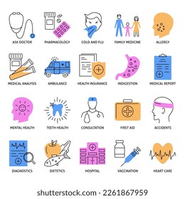 Medicine icon set in line style. Medical and healthcare symbols. Vector illustration.