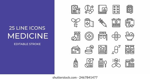 Medicine icon set line vector design editable stroke. syringe, medicine, pill, and more