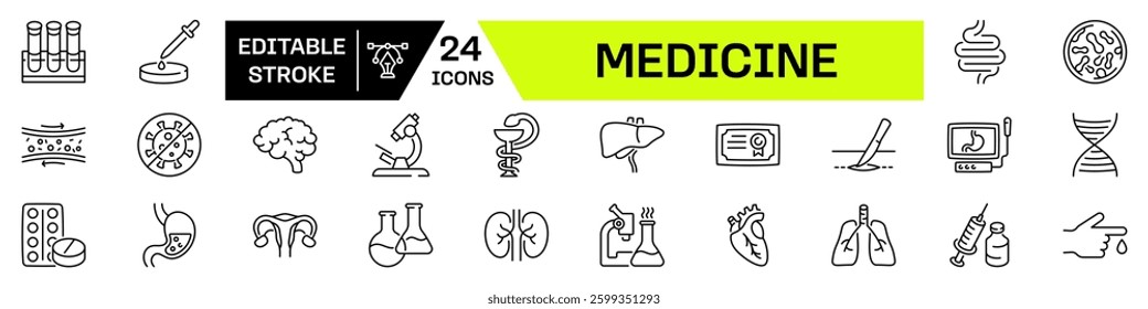 Medicine icon set. Linear style. Editable stroke.