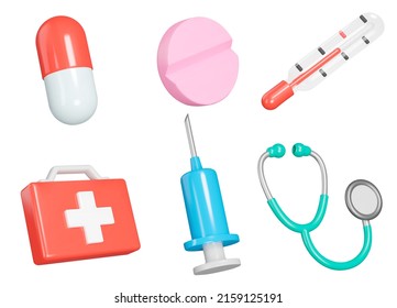 Medicine icon set. Medical instruments, diagnosis and treatment. Pills, first aid kit, thermometer, syringe, stethoscope. Isolated 3d icons, objects on a transparent background
