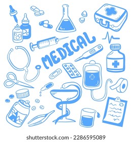 Conjunto de iconos de medicina. Instrumentos médicos, diagnóstico y tratamiento. Pilares, kit de primeros auxilios, termómetro, jeringa, estetoscopio. Iconos 3d aislados, objetos sobre un fondo transparente