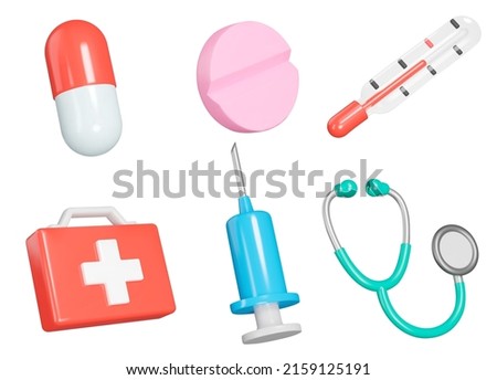 Medicine icon set. Medical instruments, diagnosis and treatment. Pills, first aid kit, thermometer, syringe, stethoscope. Isolated 3d icons, objects on a transparent background