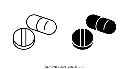 Medicine icon set. Pills and capsules sign. Healthcare and prescription symbol. Pharmacy and drug treatment pictogram. Medical and first aid illustration.