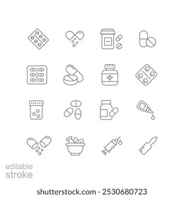 Conjunto de ícones de medicamentos. Estilo de contorno simples. Saúde, médico, farmácia, medicamento, comprimido, antibiótico, pílula, cápsula, conceito de saúde. Símbolo de linha fina. Ilustração vetorial isolada. Traçado editável.