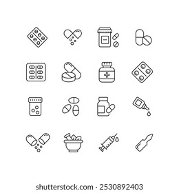 Conjunto de ícones de medicamentos. Estilo de contorno simples. Saúde, médico, farmácia, medicamento, comprimido, antibiótico, pílula, cápsula, conceito de saúde. Símbolo de linha fina. Ilustração vetorial isolada.