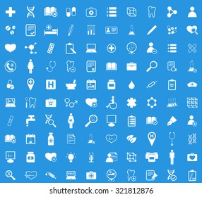 Medicine icon set, simple white images on blue background