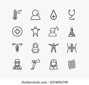 Medicine icon set and stethoscope with flu, pharmacy and temperature. Overweight related medicine icon vector for web UI logo design.