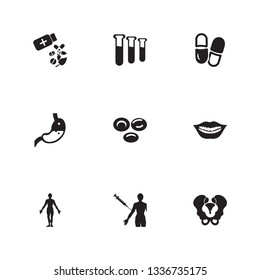 Medicine icon set and test tubes with herbal medicine, vaccination and erythrocytes. Capsule related medicine icon vector for web UI logo design.