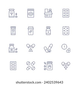 Symbol für Medizin. Dünne Linie Symbol. Bearbeitbarer Strich. Enthält Medizin, Online-Apotheke, Kapsel, Pille, Tabletten.