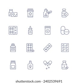 Medicine icon set. Thin line icon. Editable stroke. Containing medicine, nasal spray, tablet, herbal, homeopathy, pills, approve.