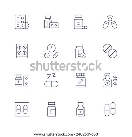 Medicine icon set. Thin line icon. Editable stroke. Containing gaba, medicine, pills, pills bottle, pill, multivitamin, capsules.