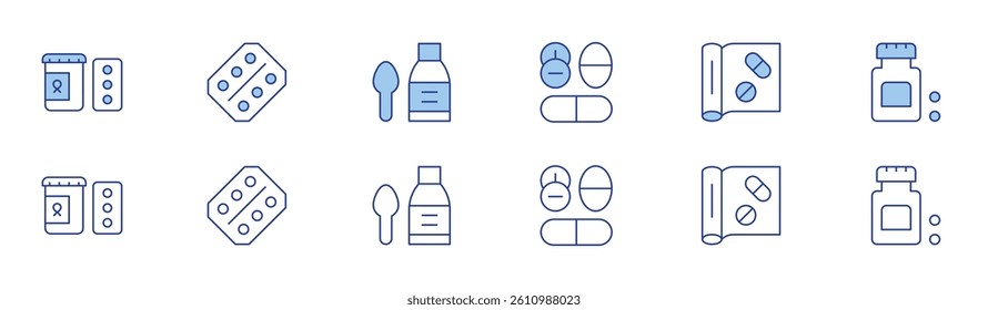 Medicine icon set in two styles, Duotone and Thin Line style. Editable stroke. syrup, medicine, pills, pill.