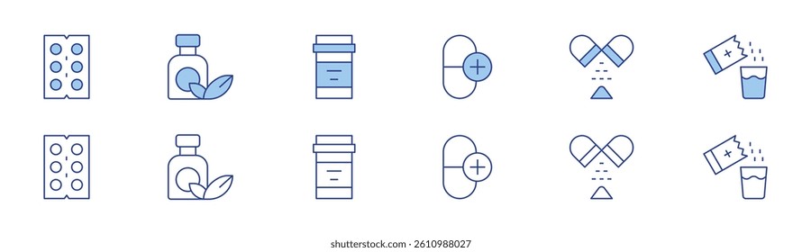 Medicine icon set in two styles, Duotone and Thin Line style. Editable stroke. pills, antibiotic, medicine, pill.