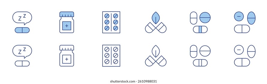 Medicine icon set in two styles, Duotone and Thin Line style. Editable stroke. melatonin, medication, medicine, pills, pill.