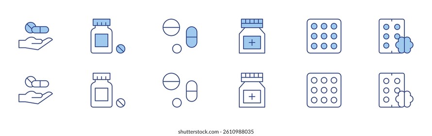 Medicine icon set in two styles, Duotone and Thin Line style. Editable stroke. pills, gaba, medicine.