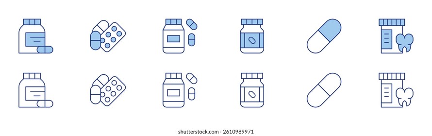 Medicine icon set in two styles, Duotone and Thin Line style. Editable stroke. medicine, pills, drugs, capsule.