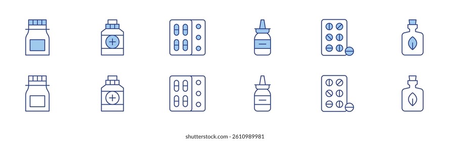 Medicine icon set in two styles, Duotone and Thin Line style. Editable stroke. medicine, nasal spray, tablet, herbal.