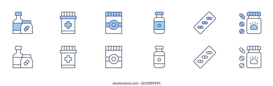 Medicine icon set in two styles, Duotone and Thin Line style. Editable stroke. medicine, bottle, pills.