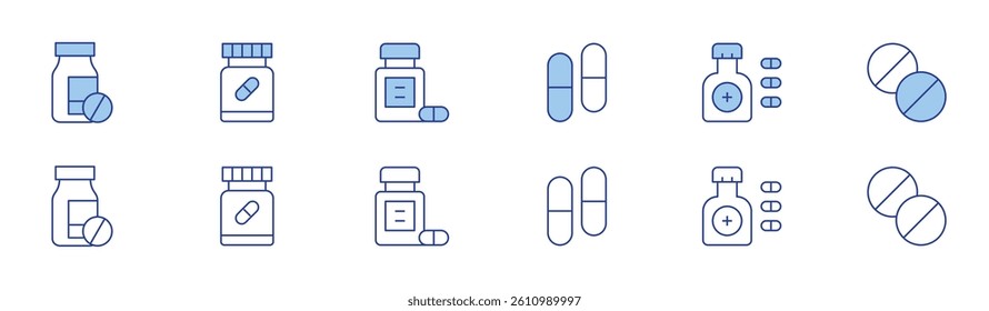 Medicine icon set in two styles, Duotone and Thin Line style. Editable stroke. medicine, capsules, pills, multivitamin.