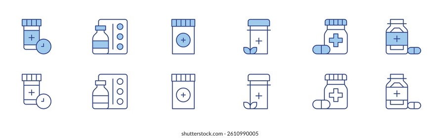 Medicine icon set in two styles, Duotone and Thin Line style. Editable stroke. medicine, drugs, pills.