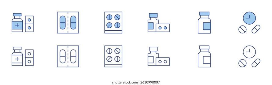 Medicine icon set in two styles, Duotone and Thin Line style. Editable stroke. medicine, pills bottle.