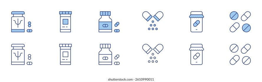 Medicine icon set in two styles, Duotone and Thin Line style. Editable stroke. medicine, capsule, online pharmacy, pills.