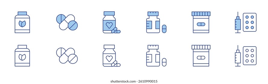 Medicine icon set in two styles, Duotone and Thin Line style. Editable stroke. medicine, vegan, pills.