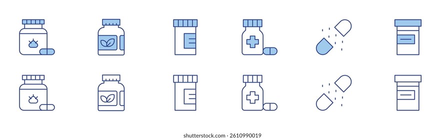 Medicine icon set in two styles, Duotone and Thin Line style. Editable stroke. medicine, supplement, capsule, pills.