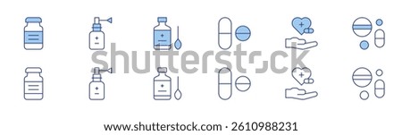 Medicine icon set in two styles, Duotone and Thin Line style. Editable stroke. syrup, pills, vial, nasal spray, treatment.