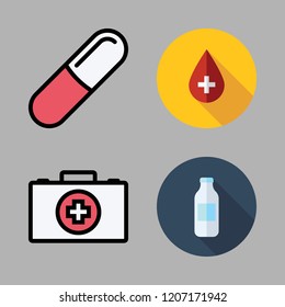medicine icon set. vector set about first aid kit, products, pills and blood icons set.