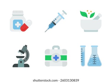 Medicine icon set, vector, in flat style, for medical, health, health care, wellness, etc