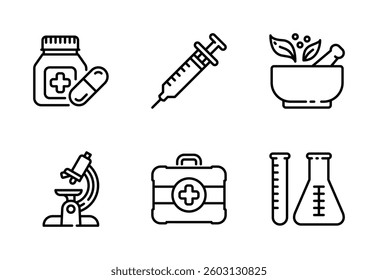Medicine icon set, vector, in line style, for medical, health, health care, wellness, etc