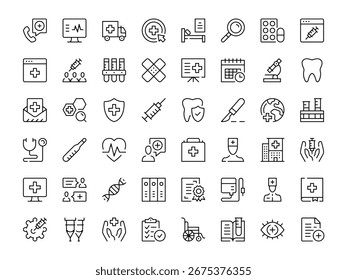 Medizin-Icon-Set. Kollektion von Vektorliniensymbolen. Gliederungssymbole. Modernes Design