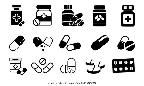 Ícone de medicamento definido em estilo de silhueta vetorial com pílulas, garrafas, cápsulas e recipientes farmacêuticos para modelos de saúde EPS.
