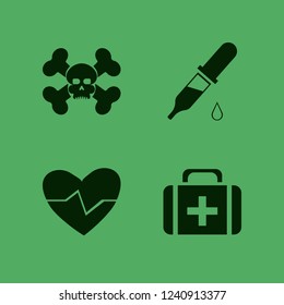 medicine icon. medicine vector icons set skull bones, first aid bag, dropper pipette and heartbeat