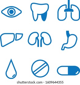 Medicine icon vector set. Blue icons set. Lungs, blood, pills, kidney, stomach, tooth, eye. 