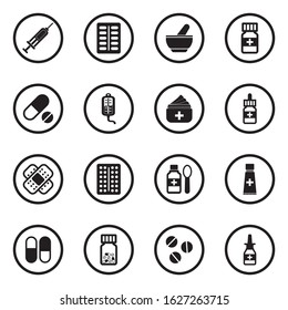Medicine Icons. Black Flat Design In Circle. Vector Illustration.