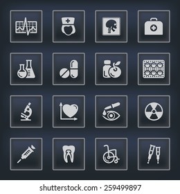 Medicine icons with buttons on black background.