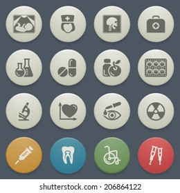 Medicine icons with color buttons on blue background.