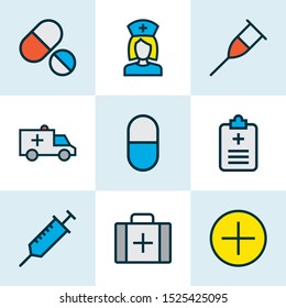 Medicine icons colored line set with medical sign, medical questionnaire, ambulance and other medical case
elements. Isolated vector illustration medicine icons.